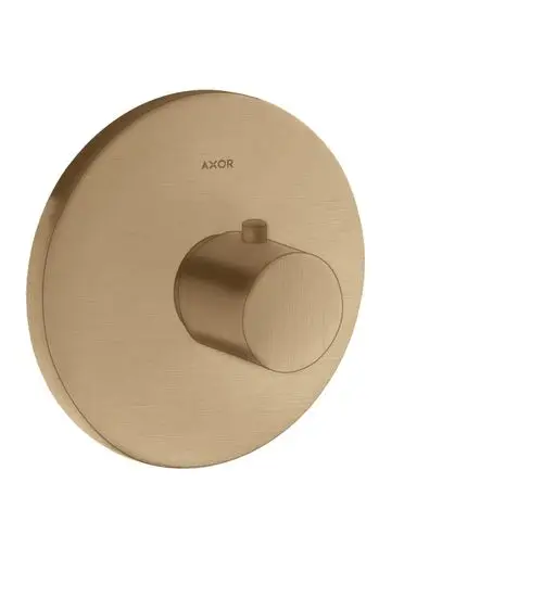 Thermostat von AXOR in brushed bronze Optik, bestehend aus runder Wandplatte und zentralem Drehknopf zur Temperatureinstellung.